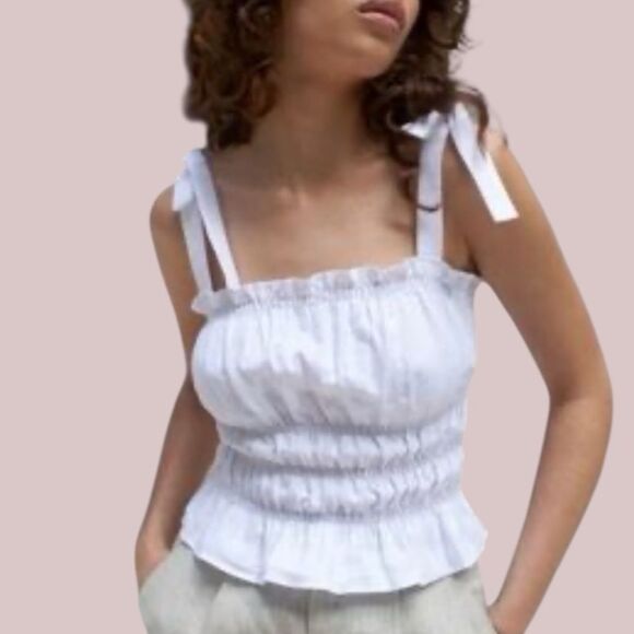 Reformation Shirred Tie-Strap Linen Top Women's Size M White Ruffle Hem Coquette - Picture 1 of 14